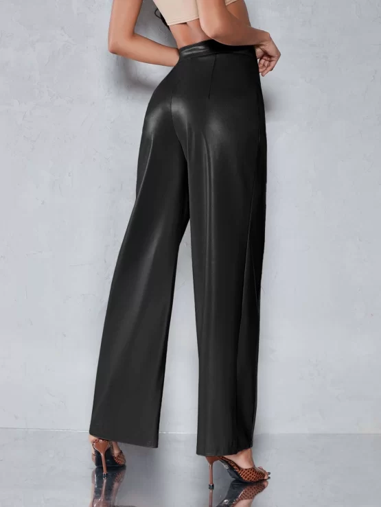 Seam Front PU Leather Zipper Fly Wide Leg Pants - Image 3