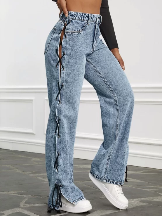 High Waist Lace Up Side Straight Leg Jeans - Image 2