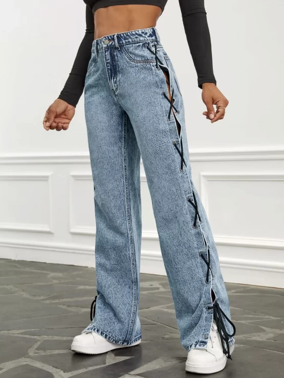 High Waist Lace Up Side Straight Leg Jeans - Image 3