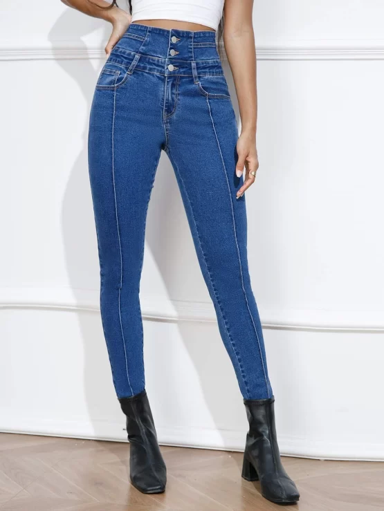 Pocket Zipper Button Front High Waist Skinny Jeans - Image 3