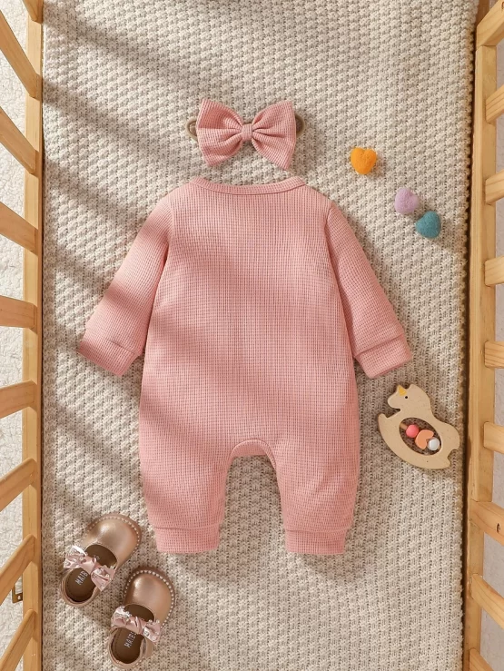 Newborn Baby Cartoon Embroidery Front Jumpsuit & Headband - Image 2
