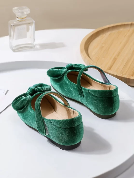 Girls Bow Decor Plain Velvet Mary Jane Flats - Image 2