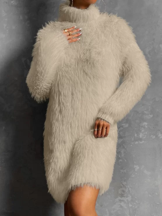 Turtleneck Fluffy Knit Sweater Dress Without Belt - Image 6