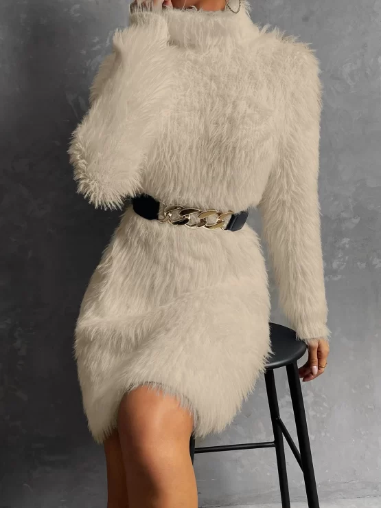 Turtleneck Fluffy Knit Sweater Dress Without Belt - Image 7