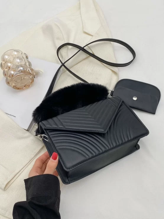 Quilted Fuzzy Panel Flap Square Bag With Coin Purse - Image 3