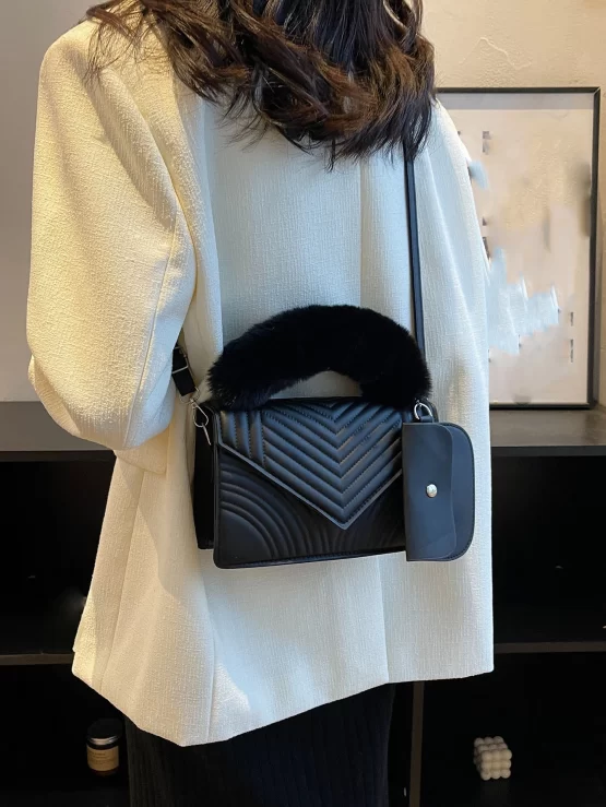 Quilted Fuzzy Panel Flap Square Bag With Coin Purse - Image 2