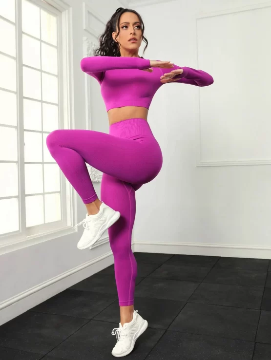 Seamless Raglan Sleeve Thumbholes Top-stitching Crop Sports Tee & Leggings - Image 3