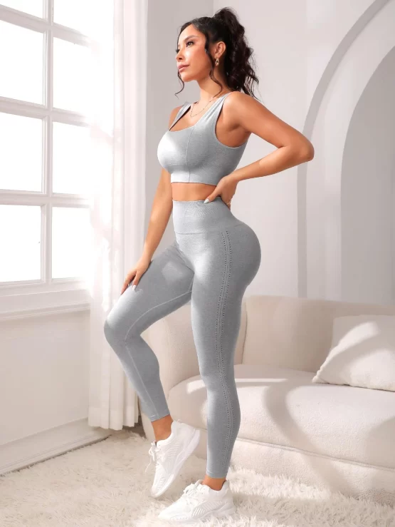 Seamless Plain Leggings High Stretch Sports Set - Image 3