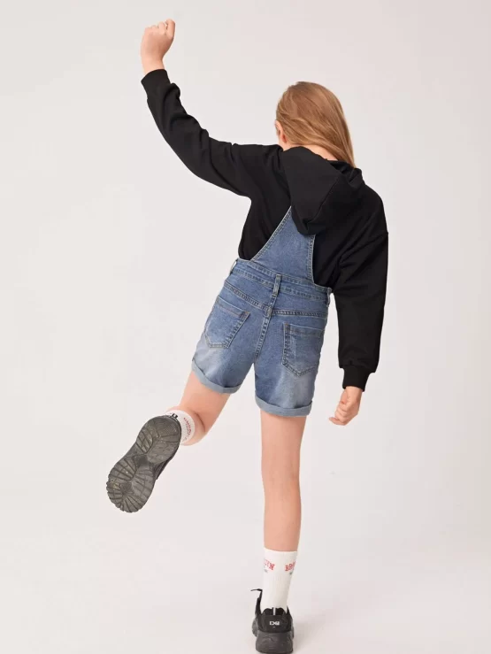 Girls Ripped Roll Up Hem Denim Overall Romper - Image 2