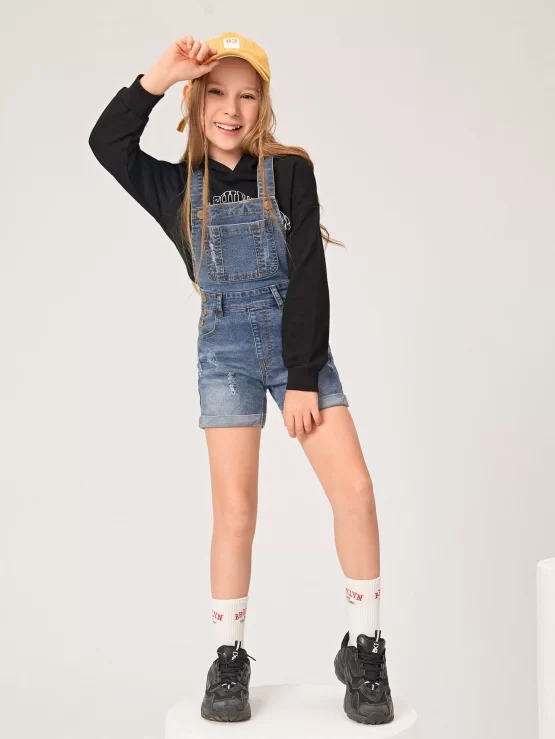 Girls Ripped Roll Up Hem Denim Overall Romper - Image 3