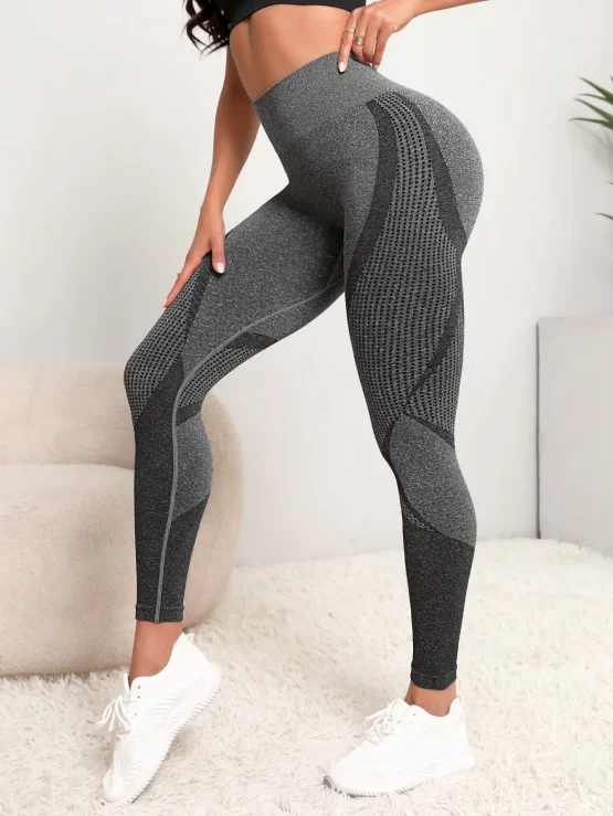 Seamless Striped Print Wideband Waist Sports Leggings - Image 2