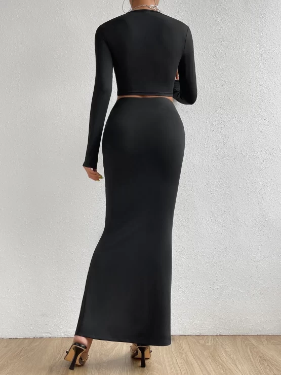 Square Neck Crop Tee & Ruched Mermaid Hem Skirt - Image 3