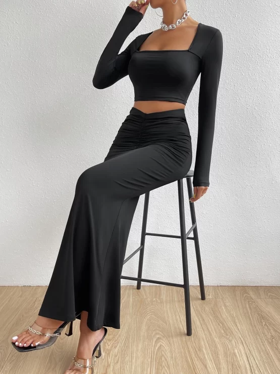 Square Neck Crop Tee & Ruched Mermaid Hem Skirt - Image 2