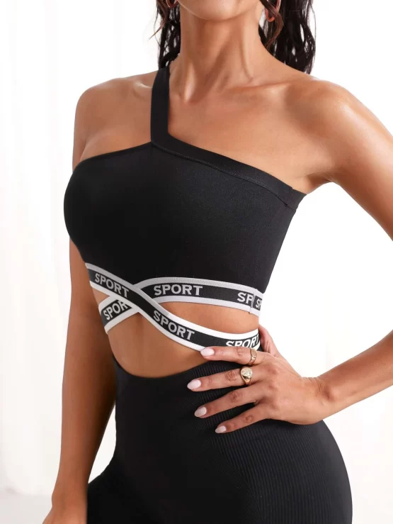 Medium Support Letter Graphic One Shoulder Sports Bra - Image 3