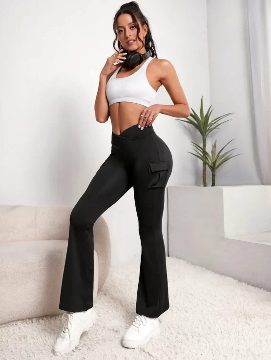 Flap High Waist Pocket Flare Sports Leg Pants - Image 3