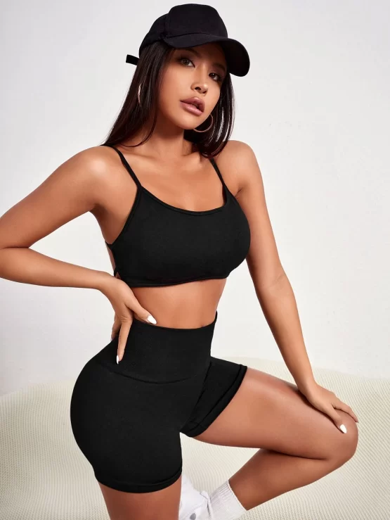 Criss Cross Plain Seamless Backless Sports Set - Image 3