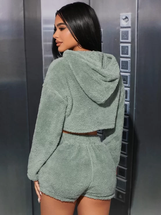 Drop Shoulder Crop Flannel Hoodie & Shorts - Image 2