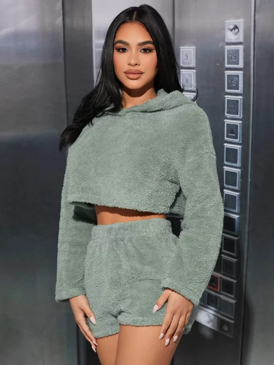 Drop Shoulder Crop Flannel Hoodie & Shorts - Image 3