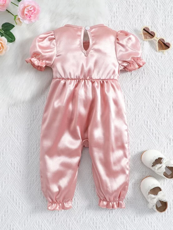 Baby Frill Trim Puff Sleeve Bow Ruffle Trim Front Jumpsuit - Image 2
