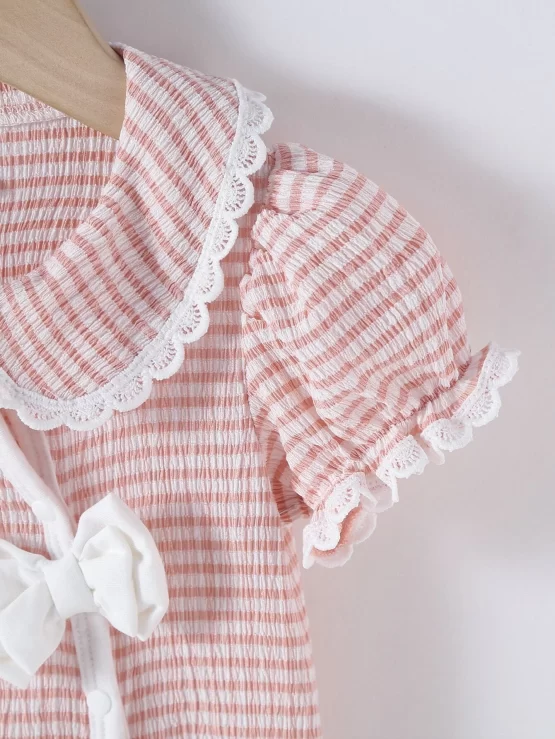 Baby Gingham Print Peter Pan Collar Bow Front Puff Sleeve Jumpsuit - Image 3