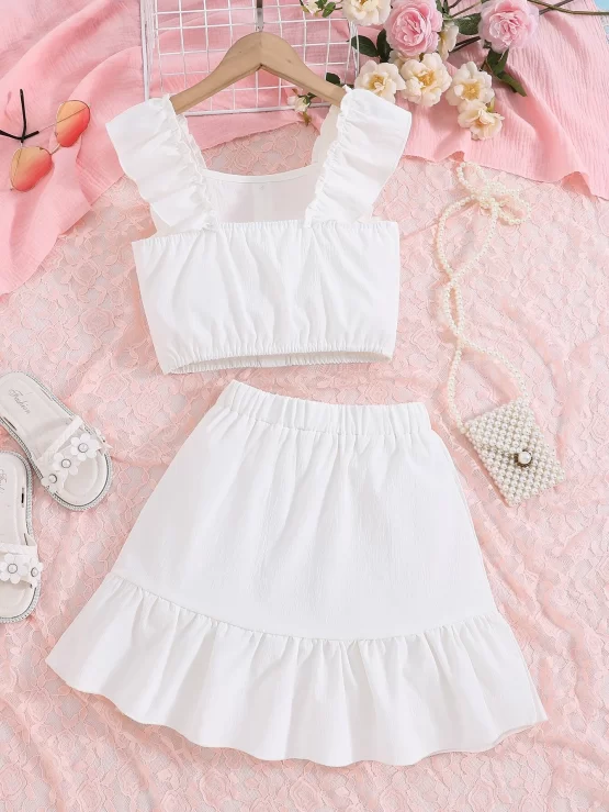 Girls Ruffle Hem Button Trim Top & Skirt - Image 2