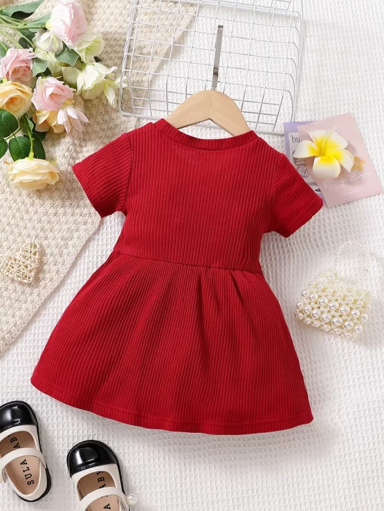 Baby A Line Rib Knit Bow Front Mesh Dress - Image 3