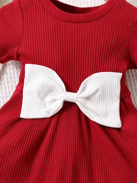 Baby A Line Rib Knit Bow Front Mesh Dress - Image 2