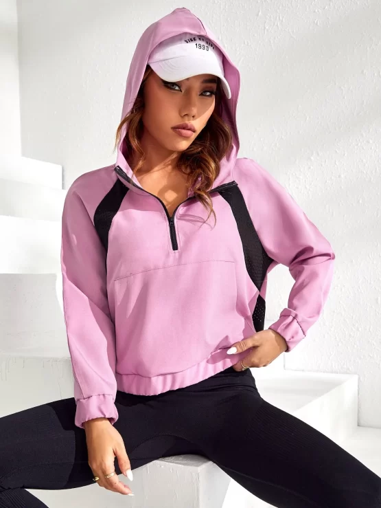 Color Block Half Zip Kangaroo Pocket Hooded Sports Sweatshirt - Image 2