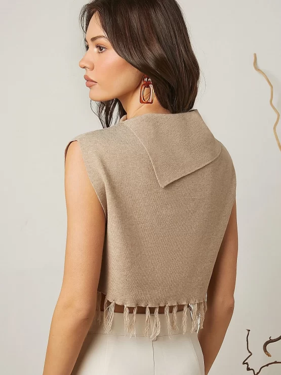 BAE Solid Funnel Neck Fringe Hem Knit Crop Top - Image 2