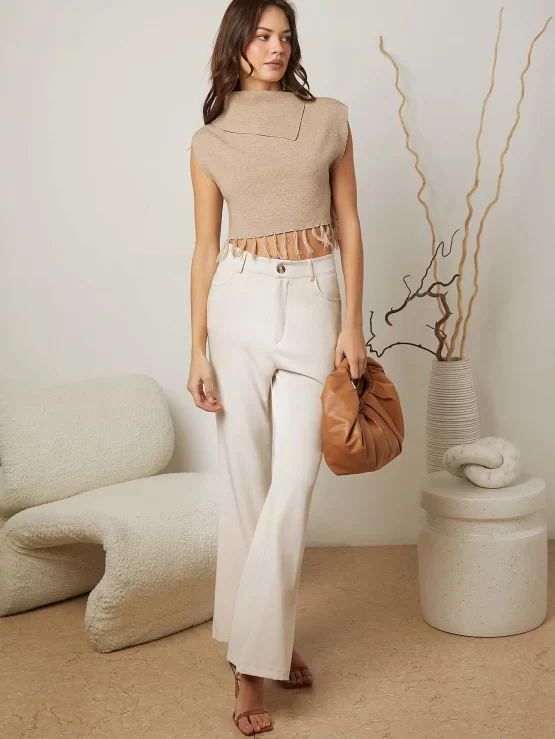 BAE Solid Funnel Neck Fringe Hem Knit Crop Top - Image 3