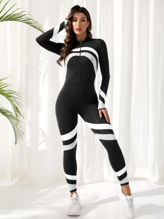 Zipper Front Striped Print Slim Fit Sports Jumpsuit - Image 2