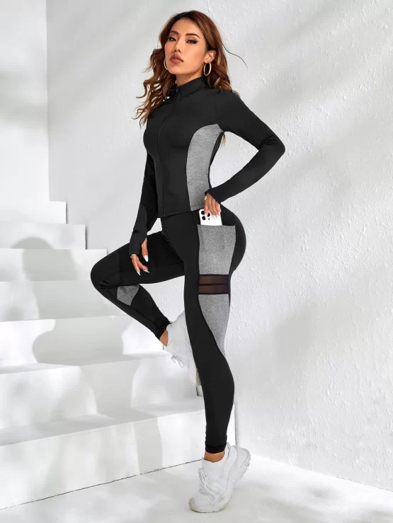 Color Block Contrast Mesh Thumb Holes Sports Set - Image 2