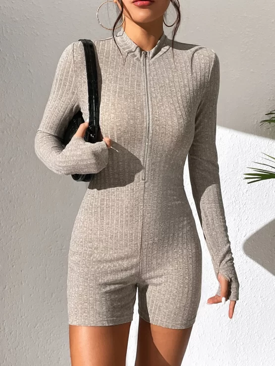 Unity Zipper Front Thumb Holes Unitard Romper - Image 3