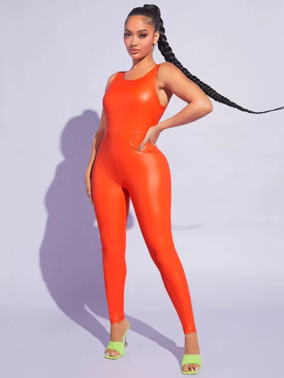 Solid PU Leather Unitard Backless Jumpsuit - Image 3