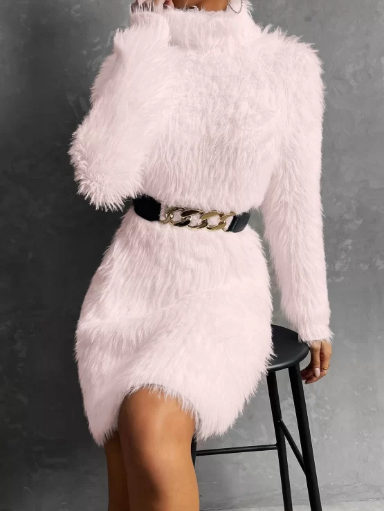 Turtleneck Fluffy Knit Sweater Dress Without Belt - Image 5