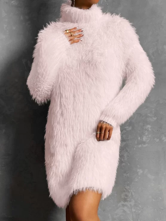 Turtleneck Fluffy Knit Sweater Dress Without Belt - Image 4