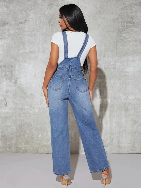 Ripped Frayed Patched Pocket Denim Overalls Without Tee - Image 3