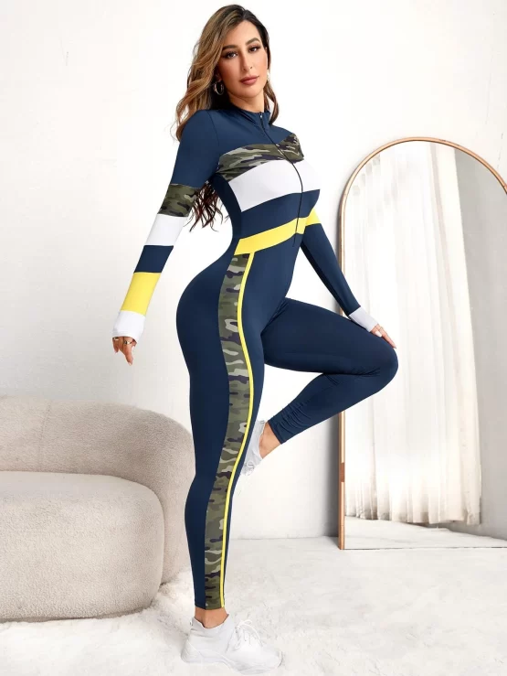 Camo Print Zipper Front Sports Jumpsuit - Image 2