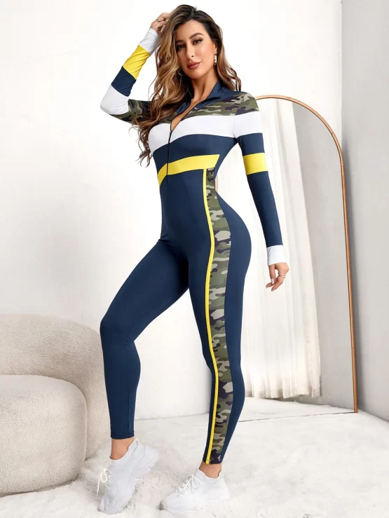 Camo Print Zipper Front Sports Jumpsuit - Image 3
