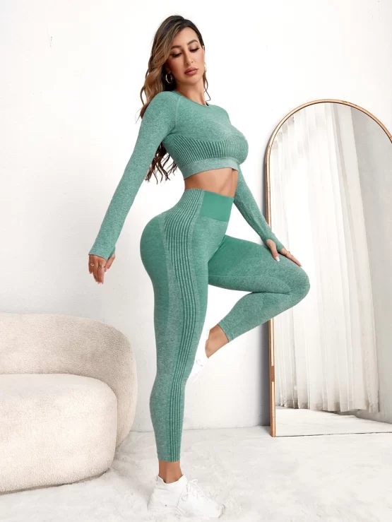 Seamless Raglan Sleeve Wide Waistband Sports Set - Image 2