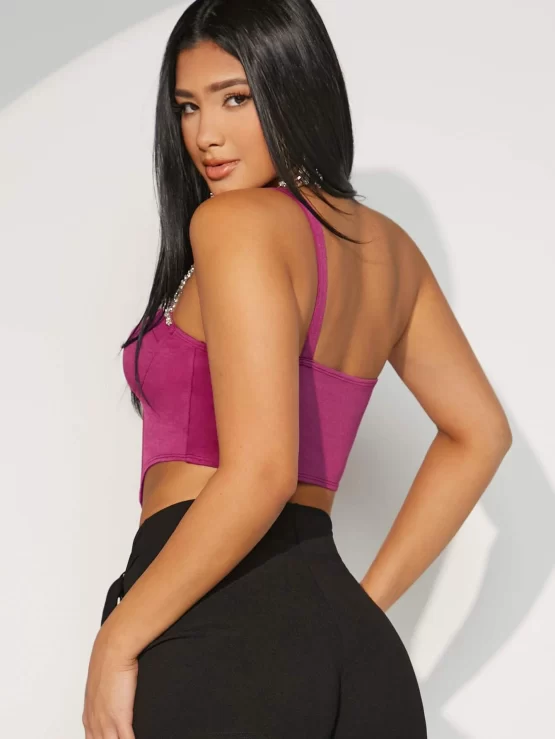 Rhinestone Chain Detail Asymmetrical Hem Bustier Crop Top - Image 2