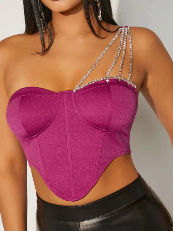 Rhinestone Chain Detail Asymmetrical Hem Bustier Crop Top - Image 3