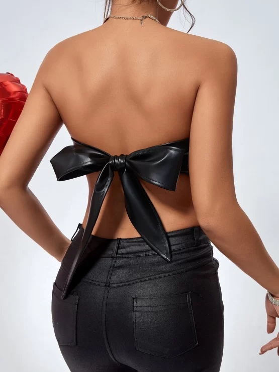 Rhinestone Fringe Trim PU Tube Crop Top - Image 3