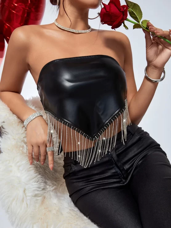 Rhinestone Fringe Trim PU Tube Crop Top - Image 2