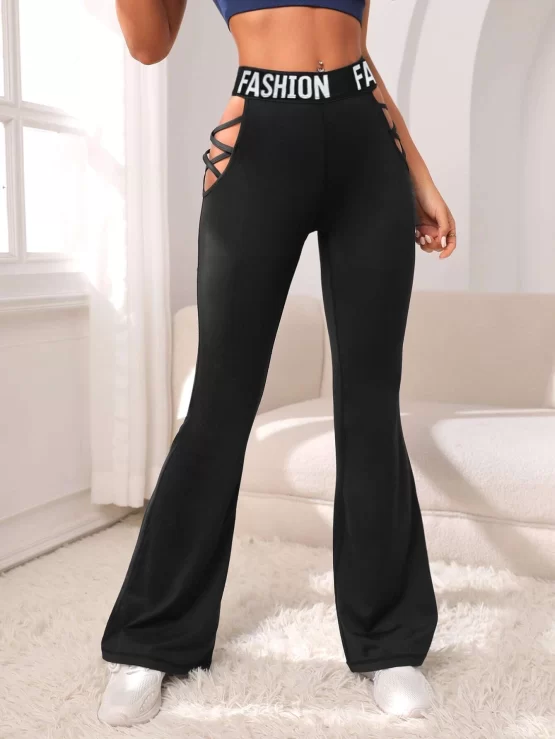 Letter Tape Criss Cross Cut Out Flare Sports Leg Pants - Image 3