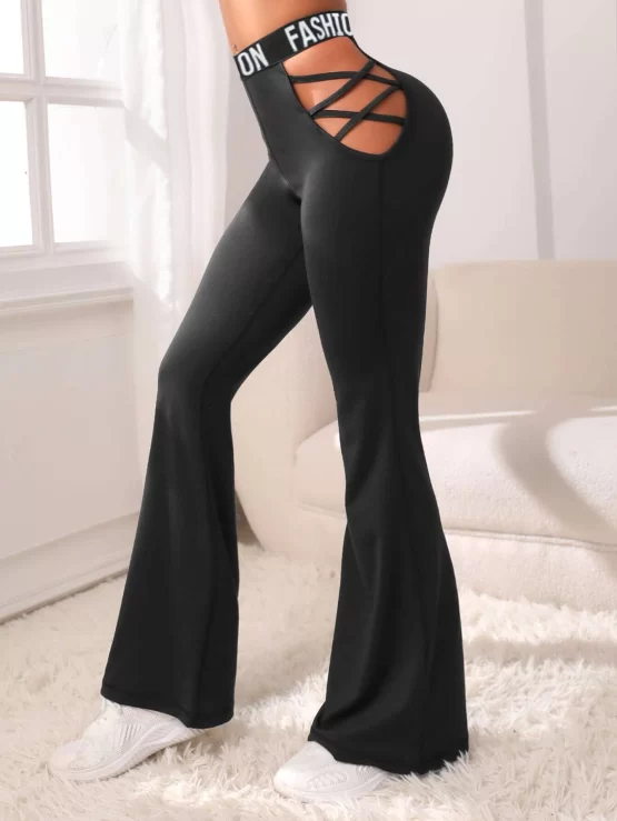 Letter Tape Criss Cross Cut Out Flare Sports Leg Pants - Image 2