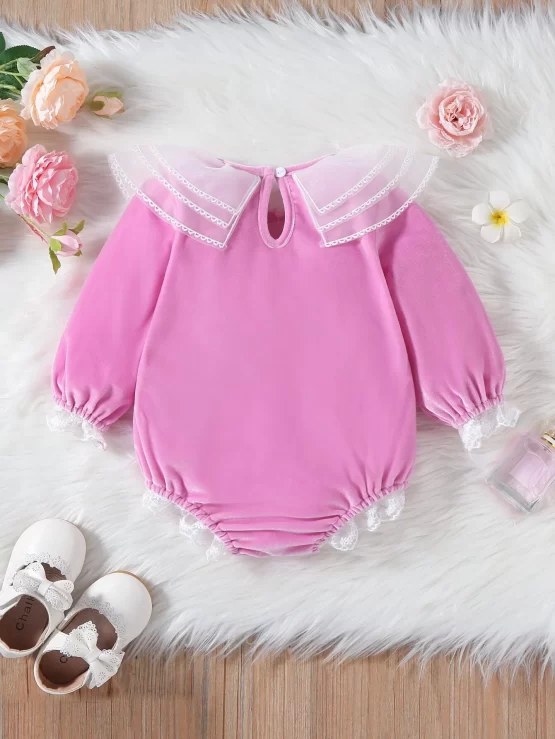 Baby Contrast Mesh Ruffle Lace Trim Button Front Bodysuit - Image 2