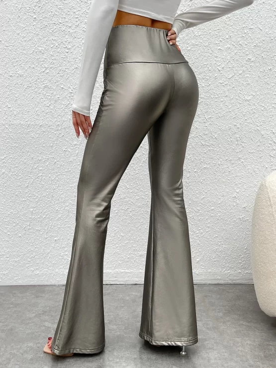Ruched Natural PU Leather Flare Leg Pants - Image 2