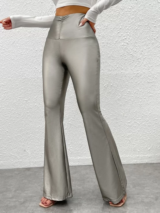 Ruched Natural PU Leather Flare Leg Pants - Image 3