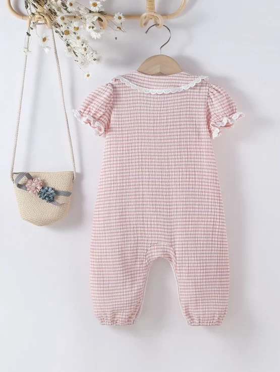 Baby Gingham Print Peter Pan Collar Bow Front Puff Sleeve Jumpsuit - Image 2